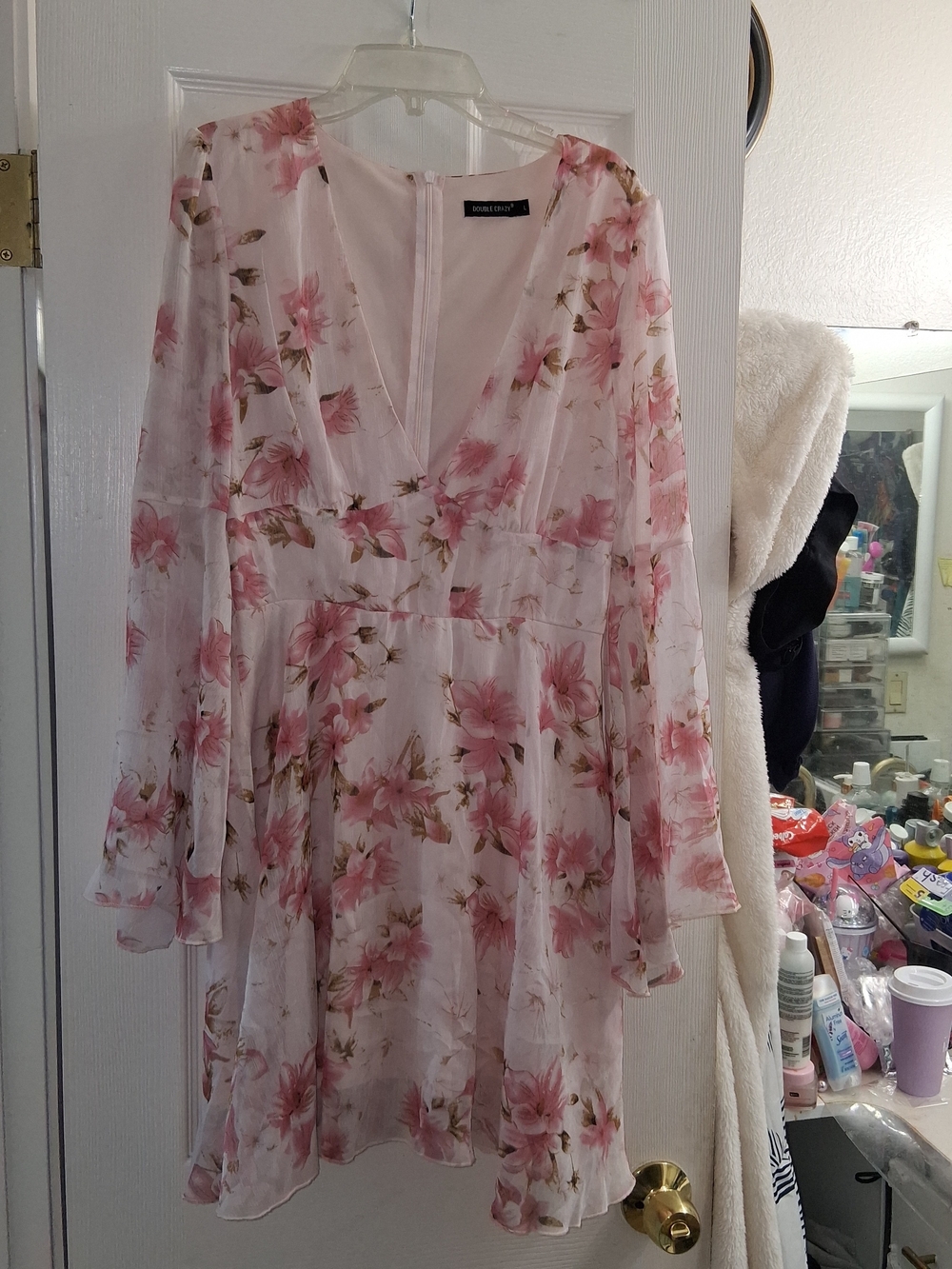 Floral V-Neck Long Sleeve Pink Chiffon Dress